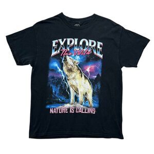 DOM Men's Size Large Black Explore The Wild‎ Wolf Graphic T-Shirt